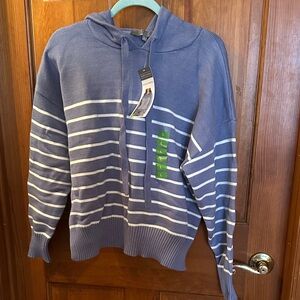 Casual Striped Cowl-Neck Sweater Hoodie - Blue and White